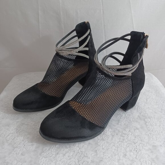 Womens Black Chunky Heel Netted Closed Toe Rhinestone Ankle High Heel Shoes - Picture 1 of 6